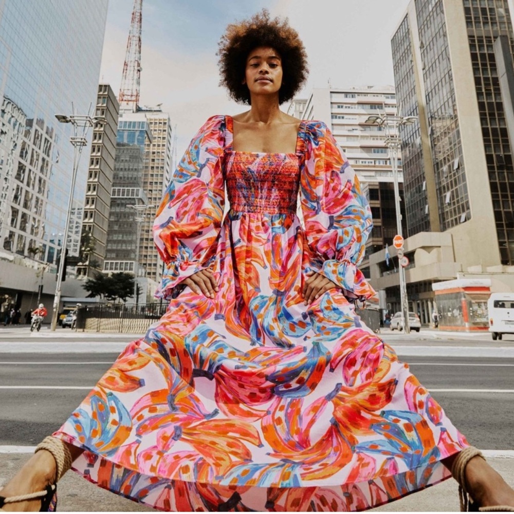 Farm Rio Colored Bananas Smocked Midi Dress